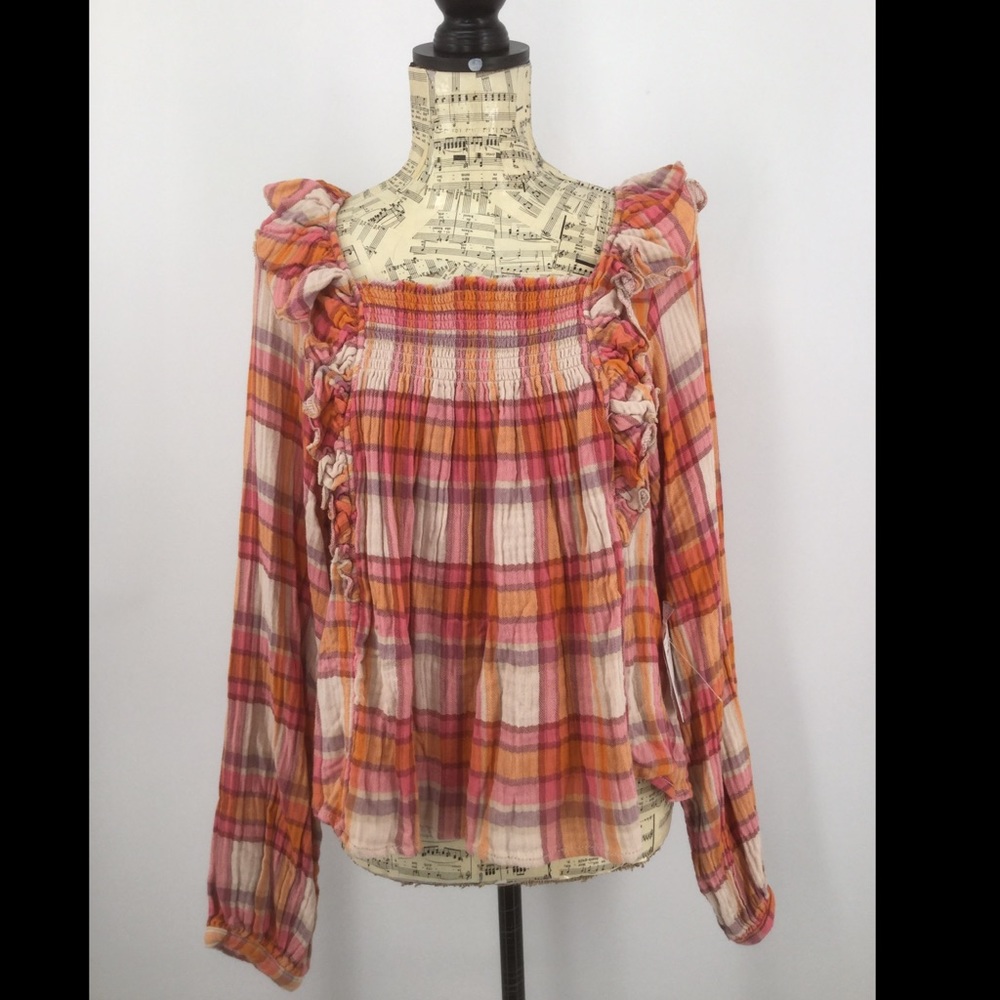 Med.  We The Free Tea Combo Plaid Boho Blouse